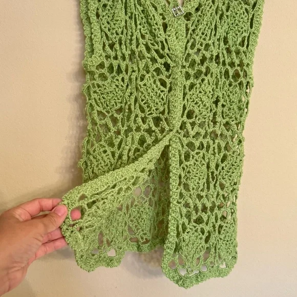 Vintage Hand Crochet Knit Vest Women’s Medium Green Sweater Sleeveless Boho - Picture 9 of 16